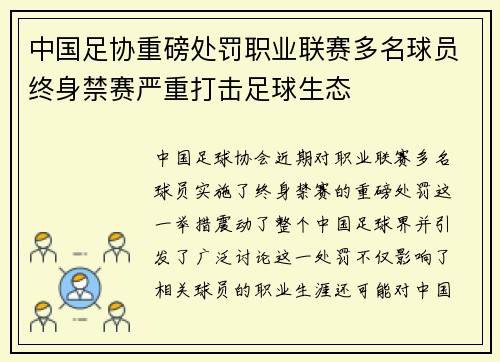 中国足协重磅处罚职业联赛多名球员终身禁赛严重打击足球生态 中国足协重磅处罚职业联赛多名球员终身禁赛严重打击足球生态