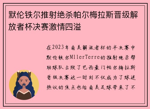 默伦铁尔推射绝杀帕尔梅拉斯晋级解放者杯决赛激情四溢